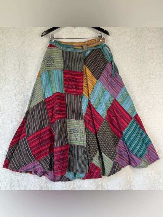 Vintage Dresses & Skirts - Patchwork Wrap Around Skirt Boho Hippie 100 Cotton Maxi Skirts One Size Nepal OS